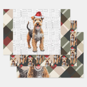 Lakeland Terrier Kersthond rood en groen geplakt Inpakpapier Vel