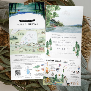 Lakeside Campground Resort Geïllustreerde Trouwd Drieluik Uitnodiging