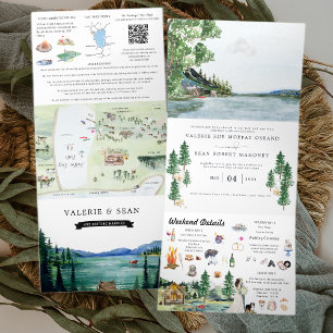 Lakeside Campground Resort Geïllustreerde Trouwk Drieluik Uitnodiging