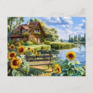 Lakeside Cottage met zonnebloemveld Briefkaart
