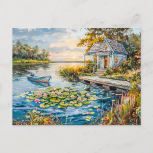 Lakeside Gevist huisje met waterlelies Briefkaart