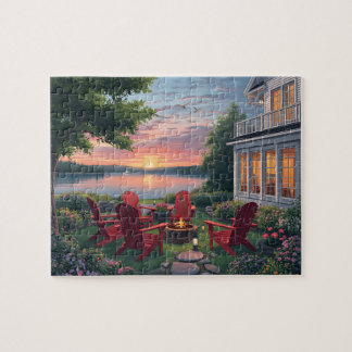 Lakeside kampvuur stoel zonsondergang legpuzzel