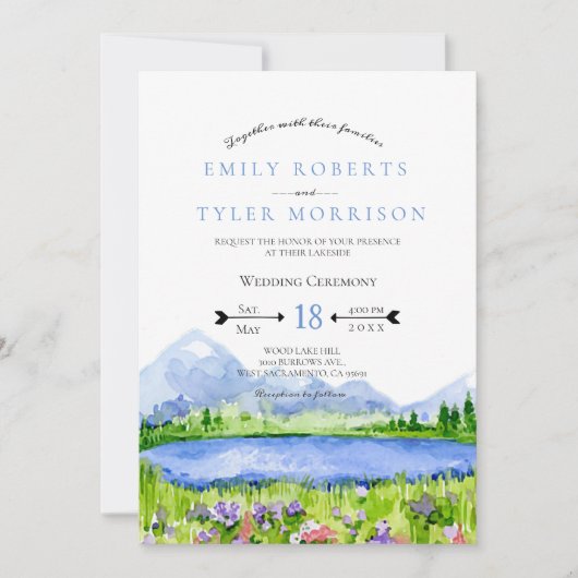 Lakeside Mountain Meadow Wedding Invites © Kaart (Voorkant)