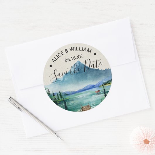 Lakeside Mountain Wedding Save the Date Sticker (Envelop)