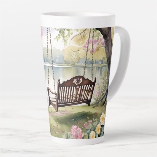 Lakeside Swing in de romantische Waterverf tuin Latte Mok (Rechterhoek)