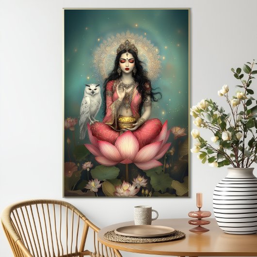 Lakshmi Hindu Goddess of Prosperity Owl Lotus Poster