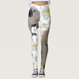 Lala The Cockatau Three Poses and Plumerias Leggings