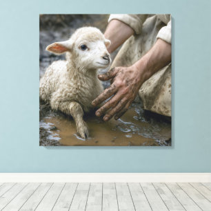 Lam in de modder gered door een herder canvas afdruk