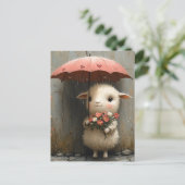 Lam met bloemen en paraplu in de regen briefkaart (Staand voorkant)