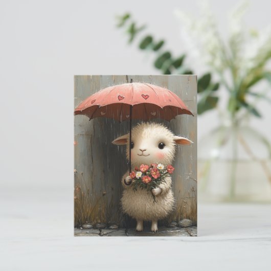 Lam met bloemen en paraplu in de regen briefkaart (Staand voorkant)
