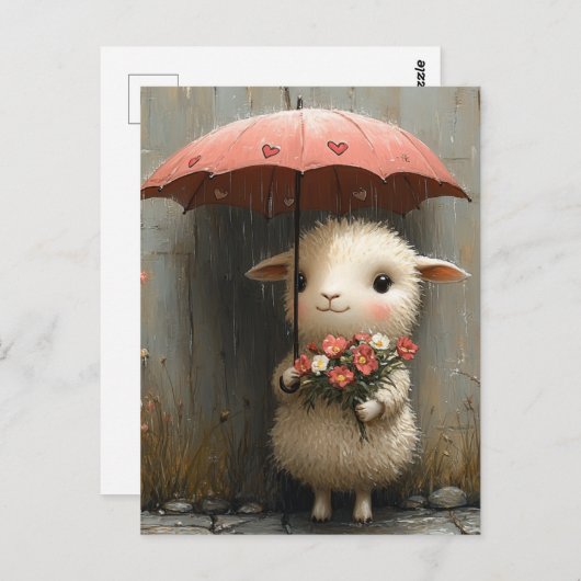 Lam met bloemen en paraplu in de regen briefkaart (Voorkant / Achterkant)