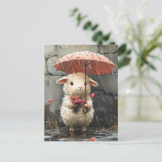 Lam met harten, Rozen en paraplu Briefkaart (Staand voorkant)