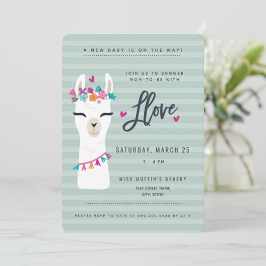 Lama baby shower Uitnodiging // Llama liefde (Staand voorkant)
