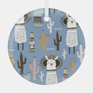 Lama, Cactus, Handgetekende Elementenpatroon. Glas Ornament