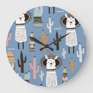 Lama, Cactus, Handgetekende Elementenpatroon. Grote Klok