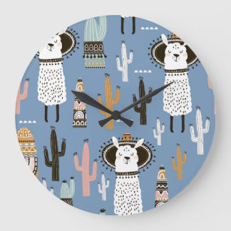 Lama, Cactus, Handgetekende Elementenpatroon. Grote Klok