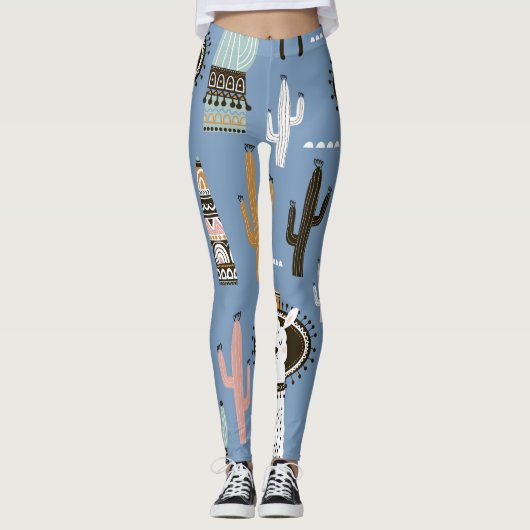 Lama, Cactus, Handgetekende Elementenpatroon. Leggings (Voorkant)