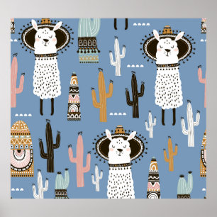 Lama, Cactus, Handgetekende Elementenpatroon. Poster
