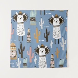 Lama, Cactus, Handgetekende Elementenpatroon. Wandkleed