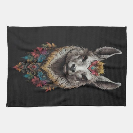 Lama en bloemportret, theedoek (Horizontaal)