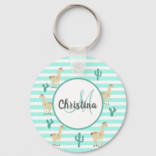 Lama en cactus op groene witte strepen sleutelhanger