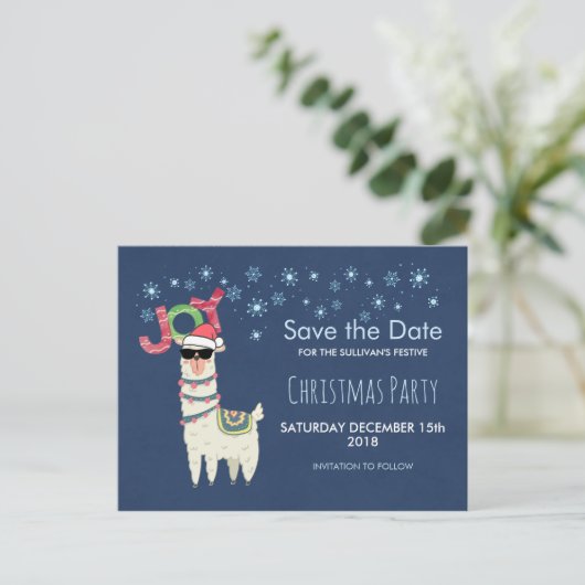 Lama in Santa Hat met sneeuwvlokken Save the Date Briefkaart (Staand voorkant)