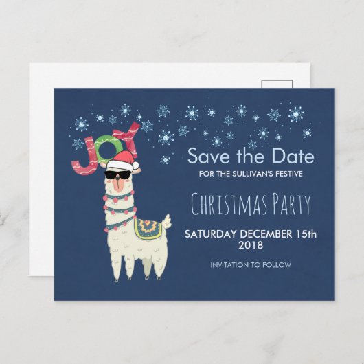 Lama in Santa Hat met sneeuwvlokken Save the Date Briefkaart (Voorkant / Achterkant)
