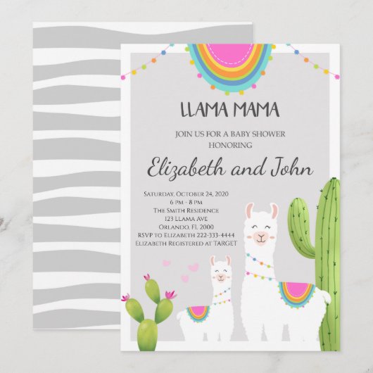 Lama met Cactus Baby shower Invitation Kaart (Voorkant / Achterkant)