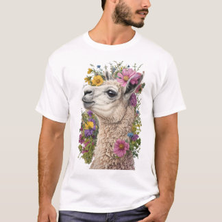 Lama zijprofiel met levendige bloemen t-shirt