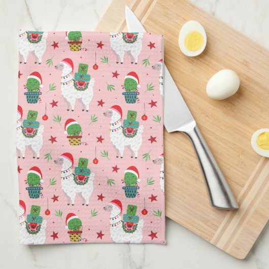 Lamas en cactussen kerstpatroon theedoek (Quarter Fold)