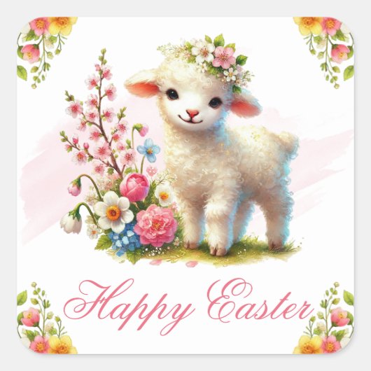 Lamb and Spring Flowers Happy Easter Vierkante Sticker (Voorkant)