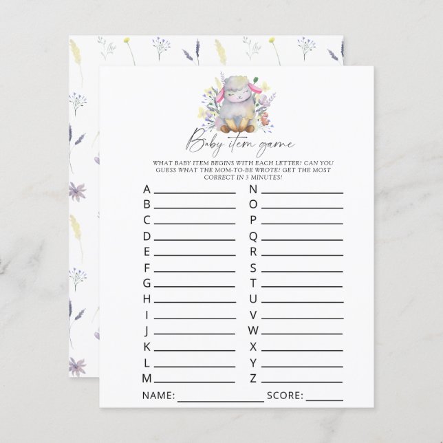 Lamb - Baby item spel. Baby shower spel (Voorkant / Achterkant)
