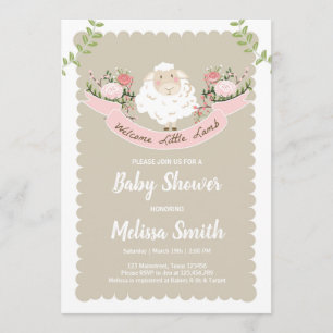 Lamb Baby shower Invitation Girl Pink Spring Kaart