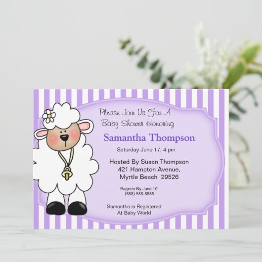 Lamb Baby Shower Invitations (Paars) Kaart (Staand voorkant)