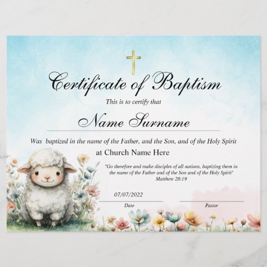 Lamb Certificate of Baptism, Baby Dedication (Voorkant)