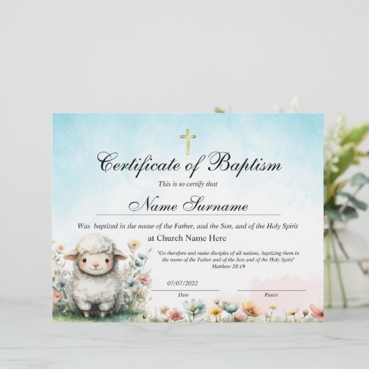 Lamb Certificate of Baptism, Baby Dedication (Staand voorkant)