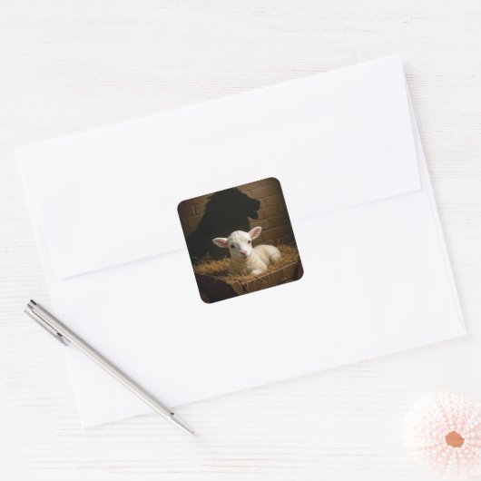 Lamb In a Manger With Lion Shadow Vierkante Sticker (Envelop)