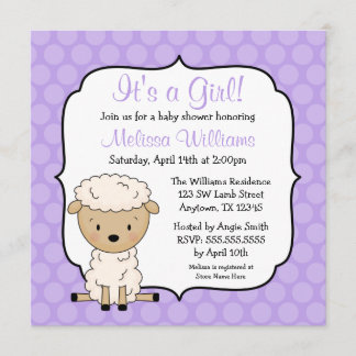 Lamb Paarse Stippen Girl Baby Shower Invitations Kaart