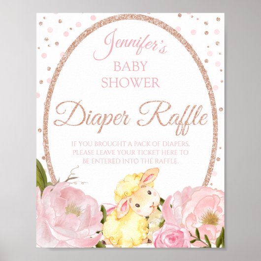 Lamb Pink Peony en Roos Baby shower Diaper Raffle Poster (Voorkant)