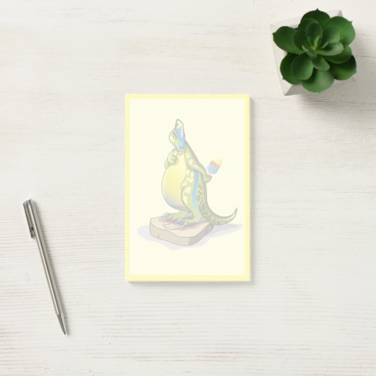 Lambeosaurus staand op een weegschaal. post-it® notes (Kantoor)