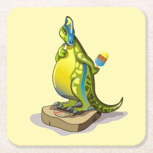 Lambeosaurus staand op een weegschaal. vierkante kartonnen onderzetter