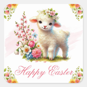 Lamm en lente bloemen Gelukkig Pasen Vierkante Sticker