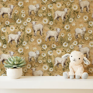Lammeren en Madeliefjes op Geel Behang