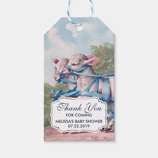  lammeren in blauwe ribbons op strips Dank je Cadeaulabel (Voorkant)