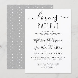 L'amour est patient faire-part de report de mariag