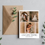 L'amour et merci Merci photo moderne<br><div class="desc">Collage photo moderne "So Grateful" design mariage carte de remerciements en blanc avec texte gris - customisé avec quatre de vos photos préférées de jour de mariage et votre message de remerciement.</div>
