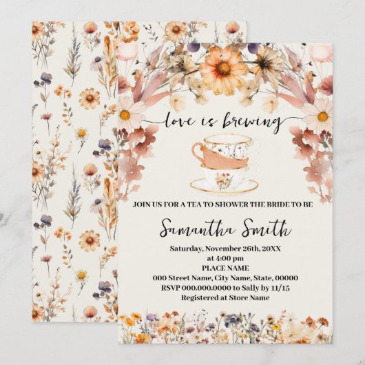 L'amour fleur sauvage brasse Thé Douche Invitation (Devant / Derrière)