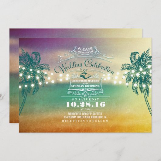 Lampes à cordes invitations à mariage à la plage (Devant / Derrière)