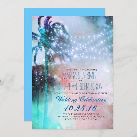 lampes à cordes palmiers plage mariage invitation (Devant / Derrière)