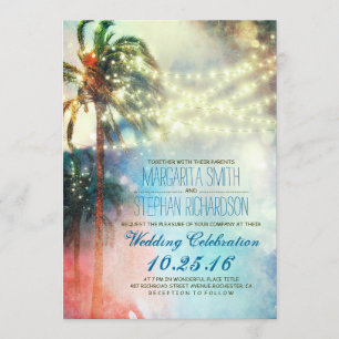 lampes à cordes palmiers plage mariage invitation